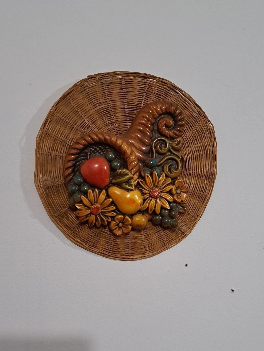 Vintage Ceramin Fruit Horn On A Wicker Base Wall Decor Fall Decor